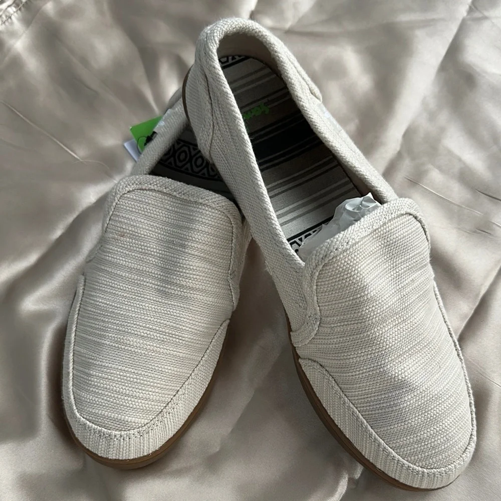 Sanuk Cream Slip-On Loafers with Textured Fabric